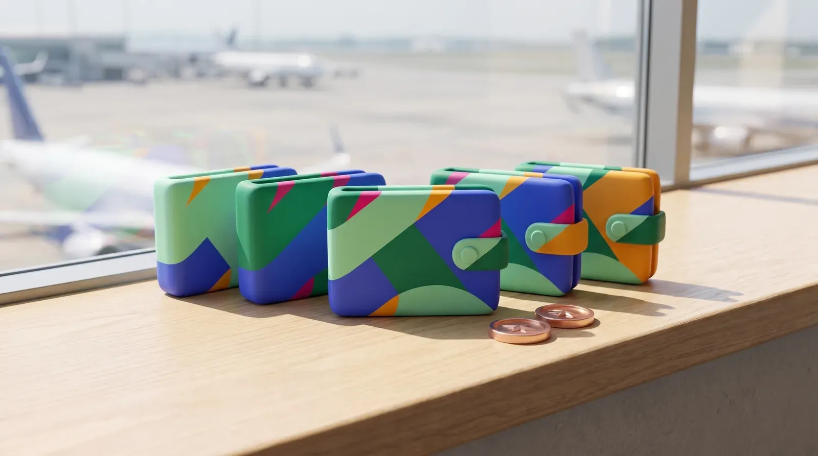 A row of five small stylised wallets in different colours on the window ledge of an airport lounge, planes softly blurred outside.