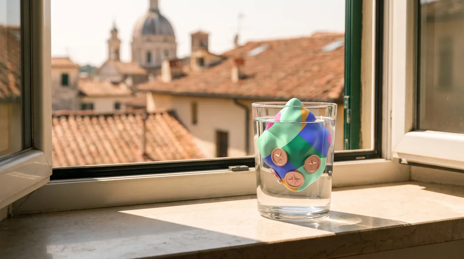 A clear glass of water on the sunny windowsill of a rented flat above old-town rooftops; inside it floats a colour-blocked iceberg, only its small tip above the water, copper coins set in the larger part below