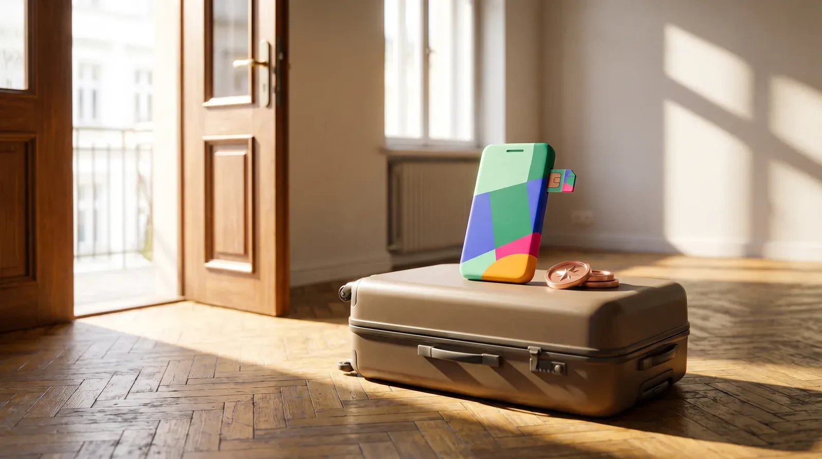 A suitcase inside the sunny entrance of a freshly rented flat, a colour-blocked phone with a SIM card half-inserted standing on it next to two copper coins