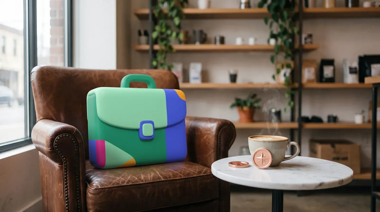 A colour-blocked briefcase resting on a worn leather armchair in a quiet café corner, a cup of coffee and a copper coin on a marble side table