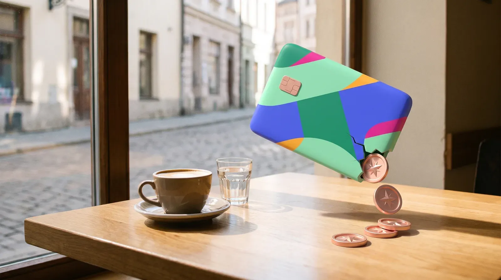 A café table by a window in an old town: next to a flat white, a colour-blocked payment card hovers with a crack in its corner, copper coins leaking out onto the table