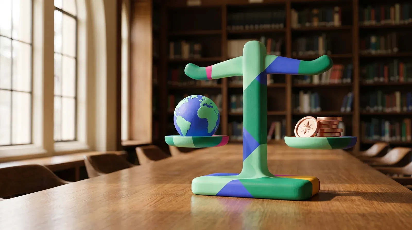 A stylised balance scale on a library reading table, a small globe on one pan and copper coins on the other.