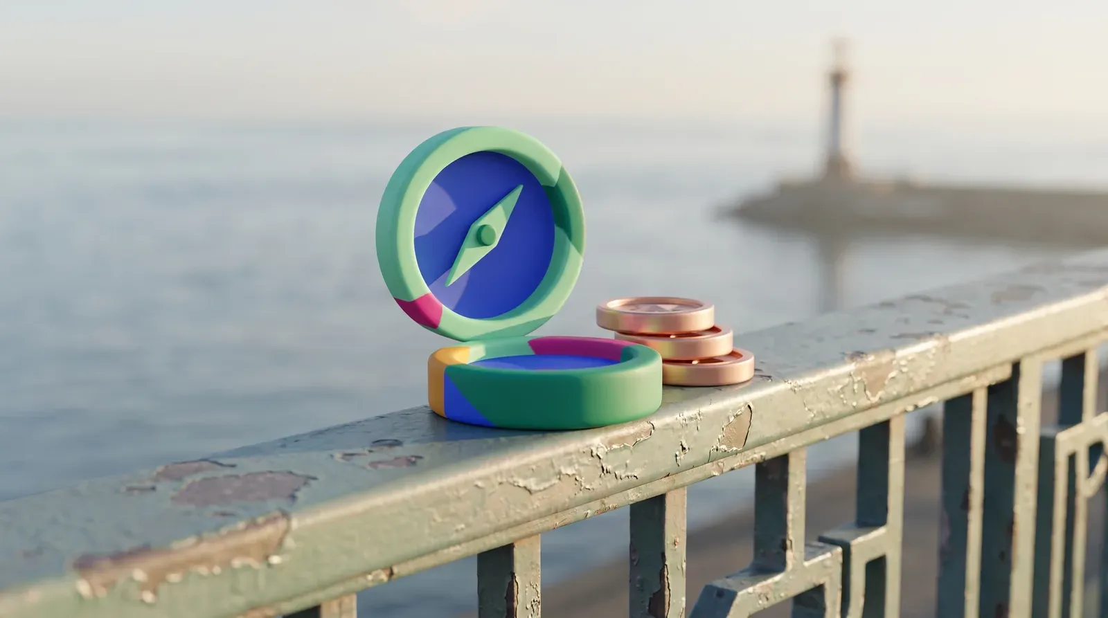A stylised compass with copper coins resting on a seaside promenade railing, the sea and a lighthouse softly blurred behind.