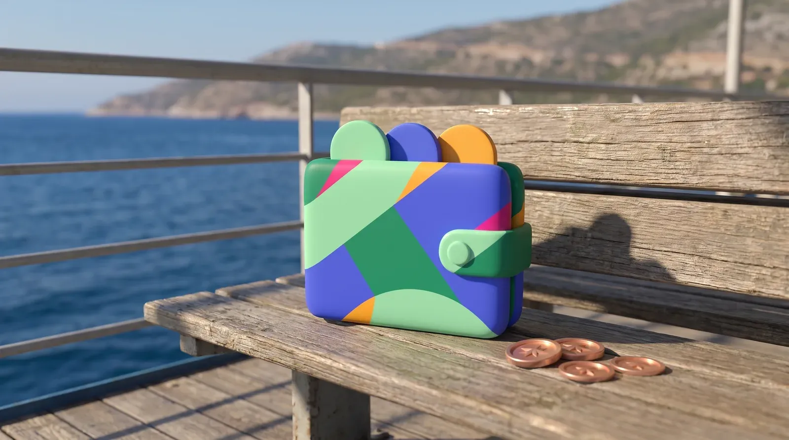 A stylised wallet with three coloured tabs on the wooden bench of a ferry deck, the sea and a coastline softly blurred behind.