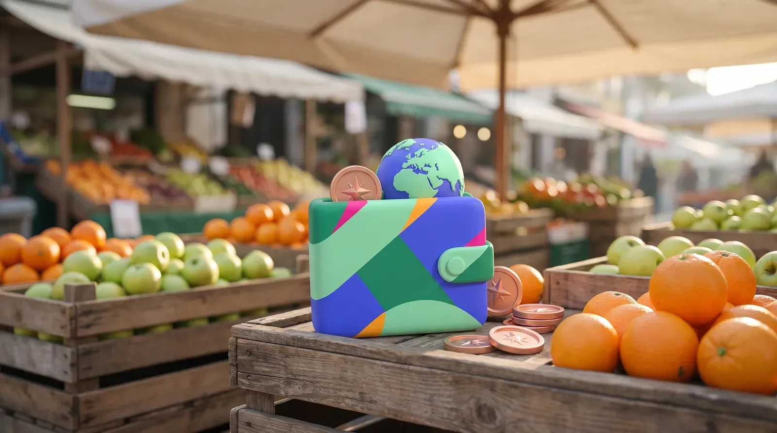 A stylised wallet resting on a crate of oranges at an outdoor market, a small globe tucked inside and copper coins spilling out.
