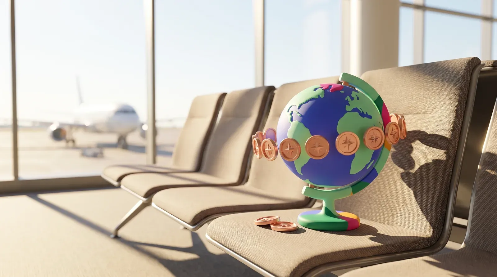 A stylised globe ringed by orbiting copper coins on the seats of an airport departure gate, planes blurred behind the glass.
