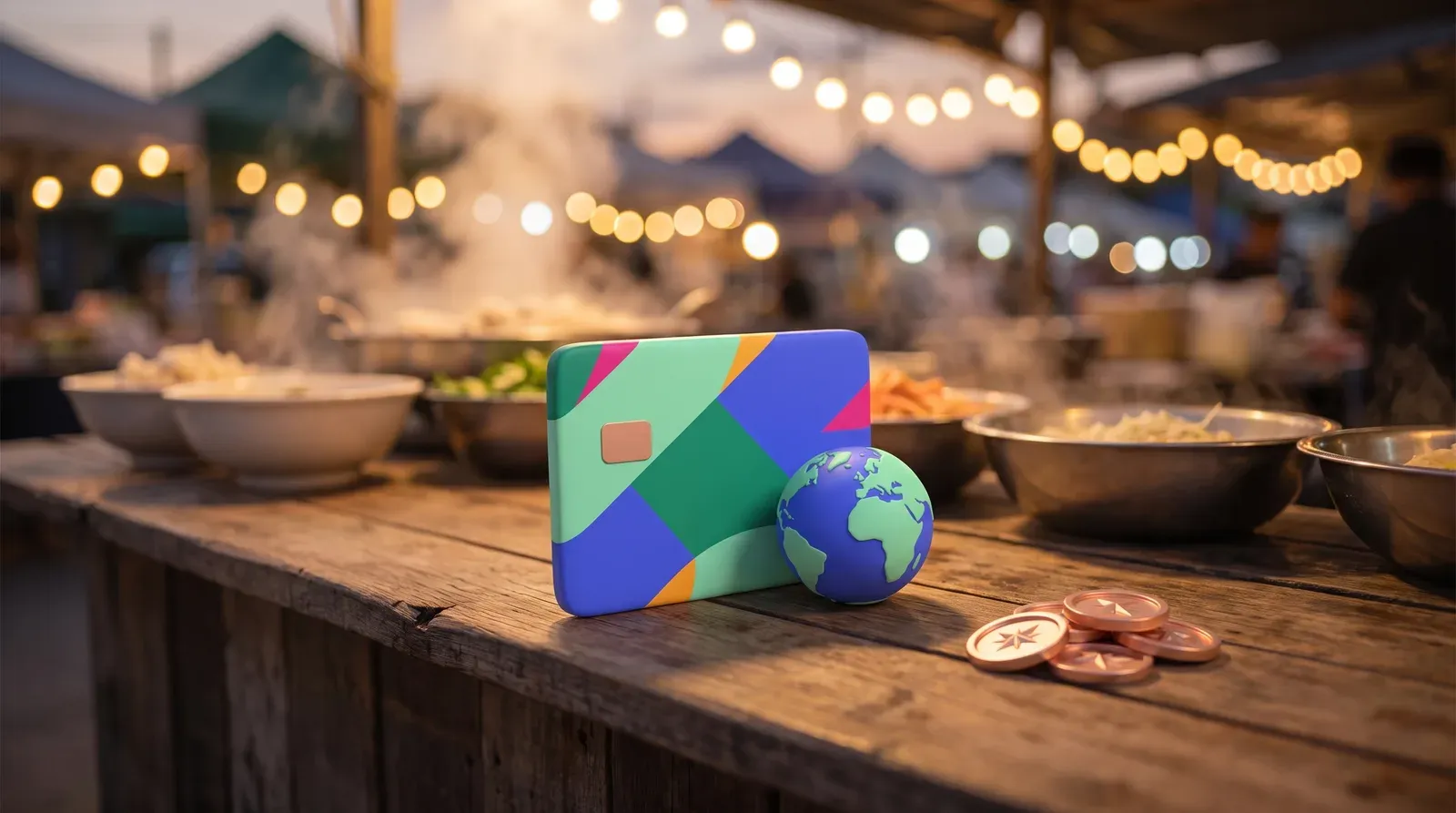 A stylised payment card and a small globe on the counter of a street-food stall at dusk, a separate pile of copper coins beside them.