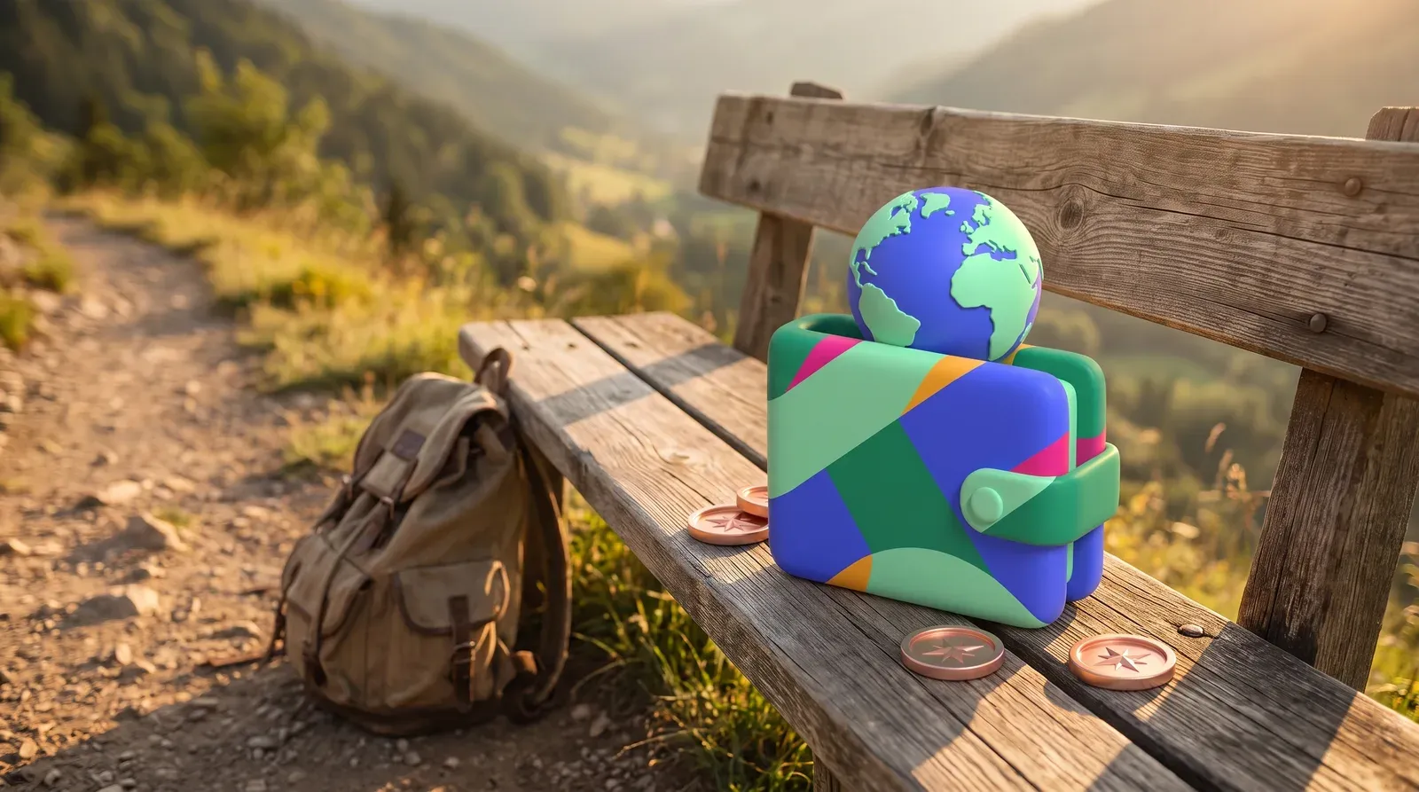 A stylised open wallet on a wooden bench beside a mountain trail, a small globe rising from it and copper coins on the bench.