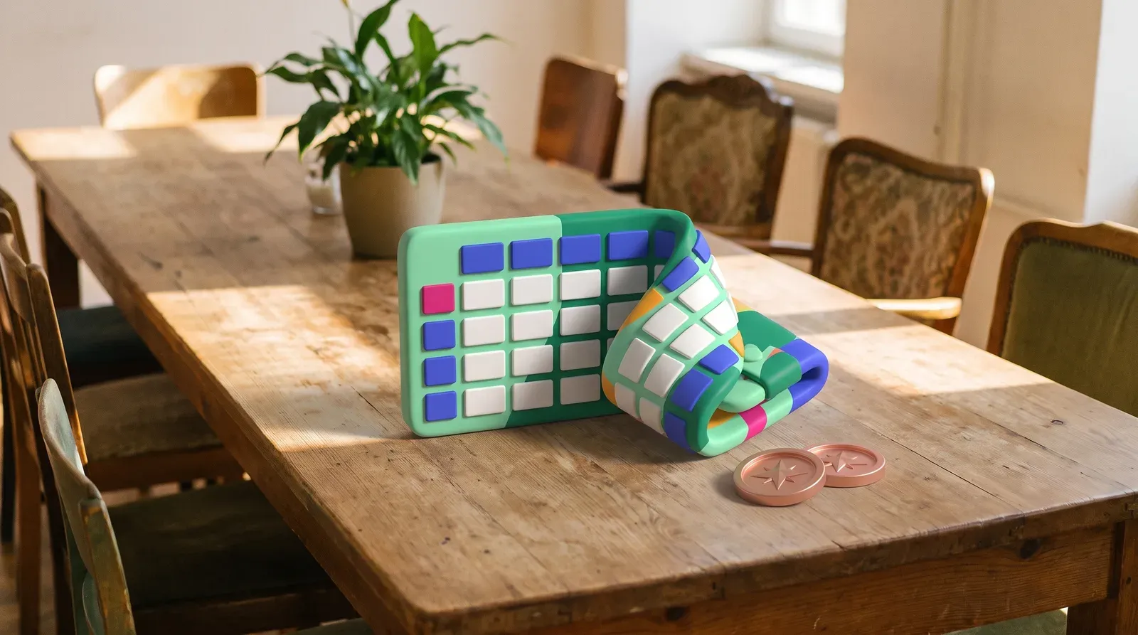 A stylised grid sheet folding itself into a wallet on the table of a quiet hostel common room, copper coins beside it.