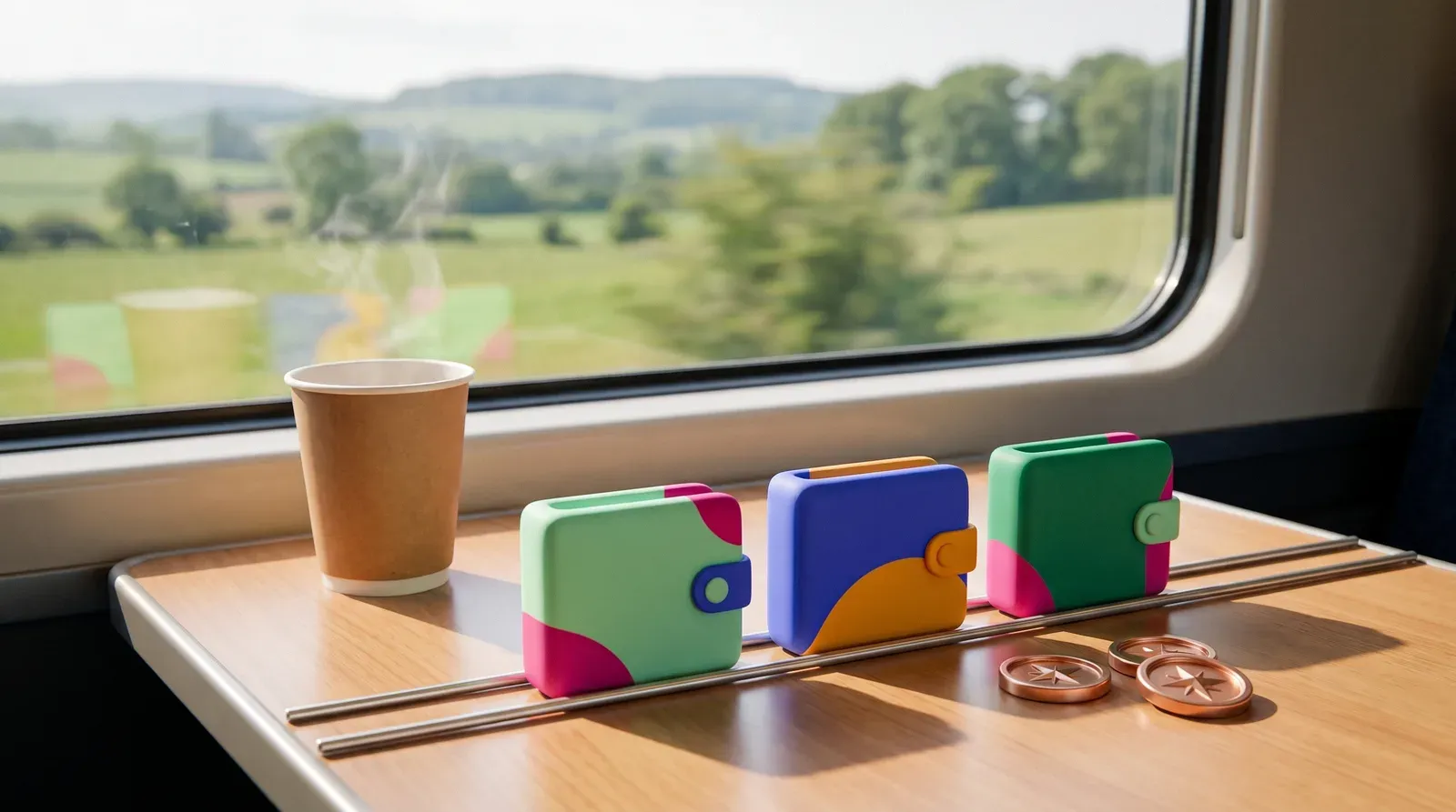 Three stylised coin pouches in a row on a train table by the window, joined by one rail line, with copper coins beside them.