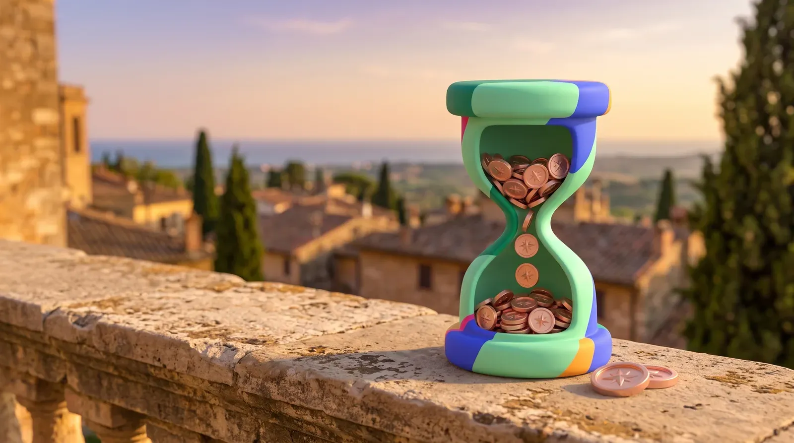 A stylised hourglass on an old-town stone terrace at dusk, copper coins falling through it instead of sand.